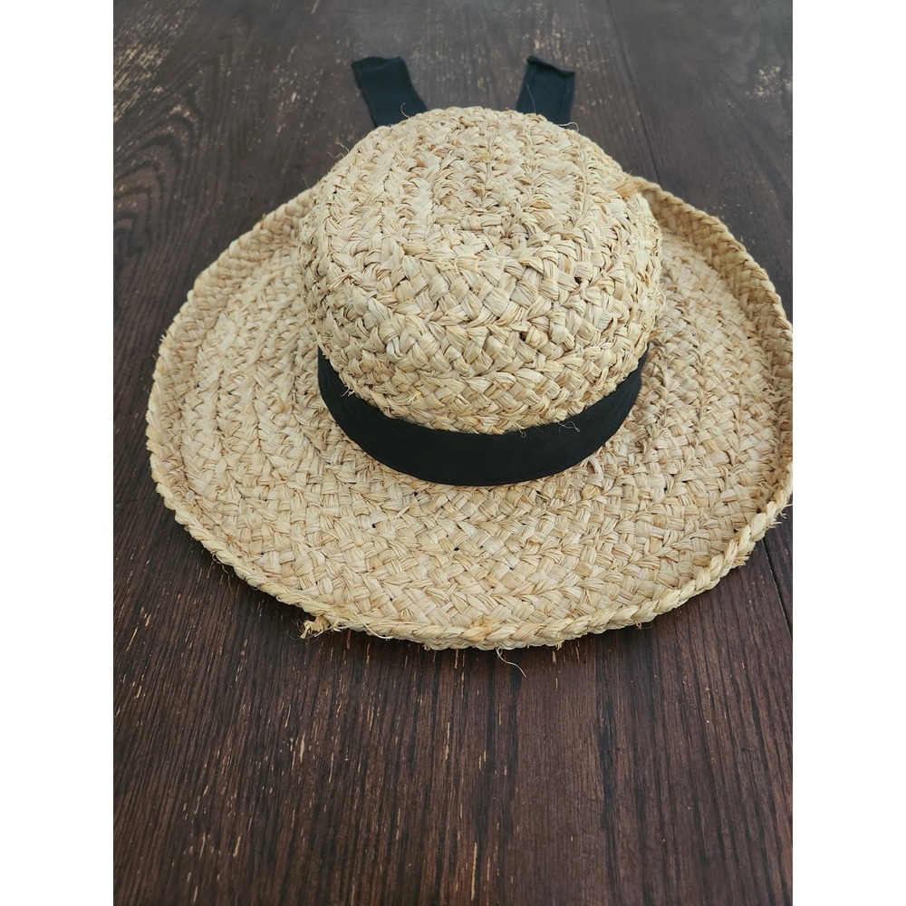 Woven Straw Sun Hat Wide Brim Black Ribbon Tie Beach Cottagecore Coastal Chic